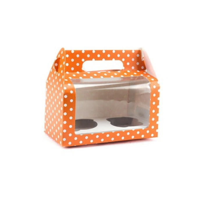 Gift Box with Handles Windowed  with Recycled Material -Orange or PolkaDot Color